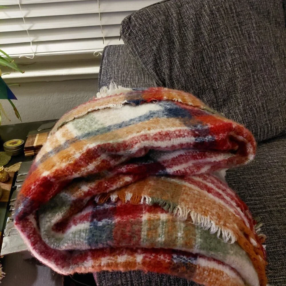 Soft Mohair Tartan Plaid Blanket | Red & Green Check Cozy Farmhouse Cottagecore